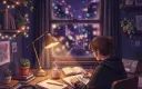 Cover art: a desk by a window at night, city lights outside.